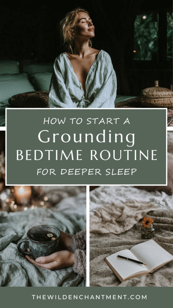 Woman in serene bedtime setting, with herbal tea and journal for grounding routine. TheWildEnchantment.com.