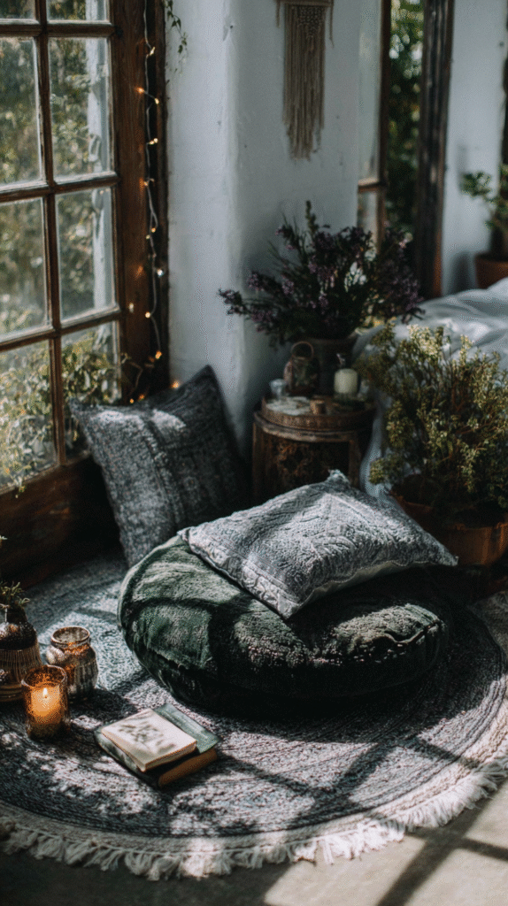 Cozy reading nook with cushions, books, and candles by sunlit window, surrounded by plants and soft lighting.
