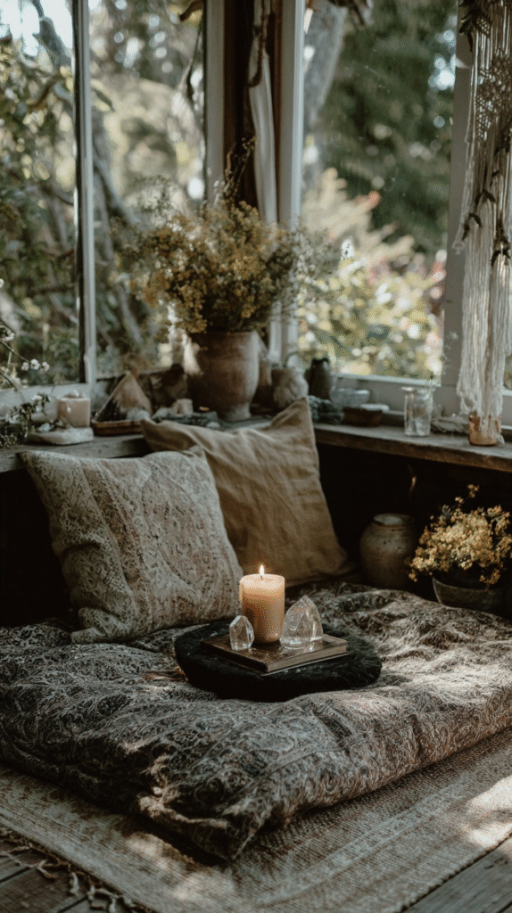 Cozy nook with cushions, candlelight, and dried flowers by a sunlit window for serene relaxation.