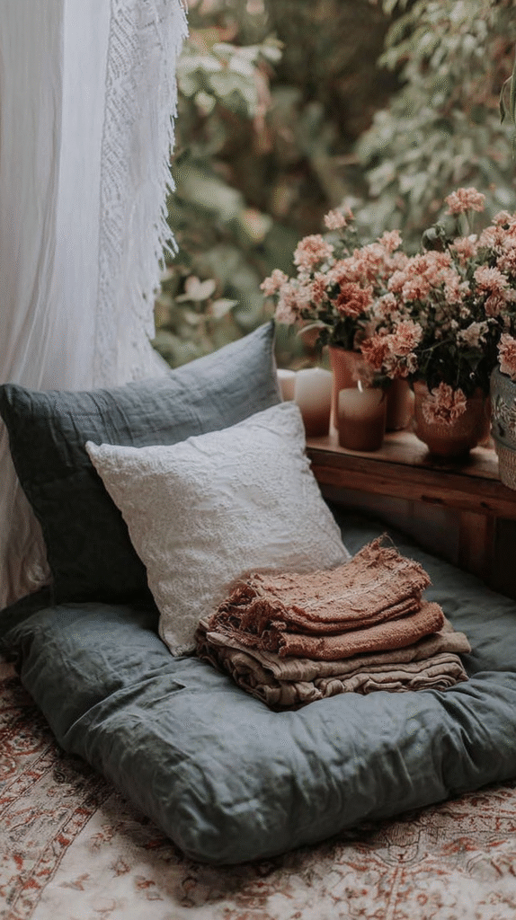 Cozy reading nook with cushions, throws, and florals by a window, creating a relaxing and inviting atmosphere.