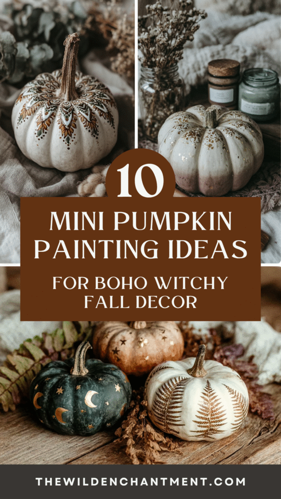 Fall-themed mini pumpkins with creative boho painting designs for witchy decor inspiration.