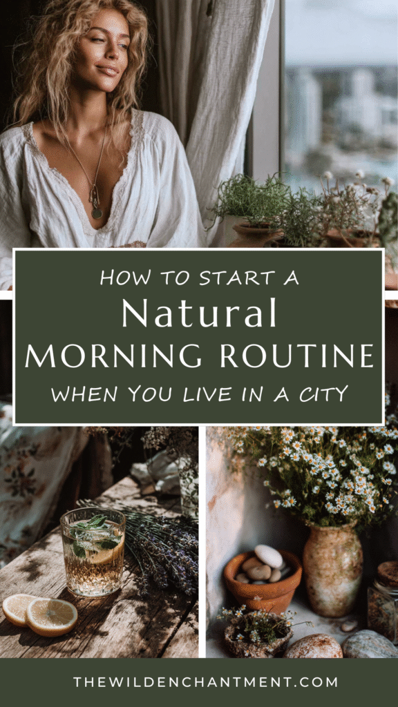 Woman enjoying a natural morning routine in city apartment with herbs, tea, and flowers.