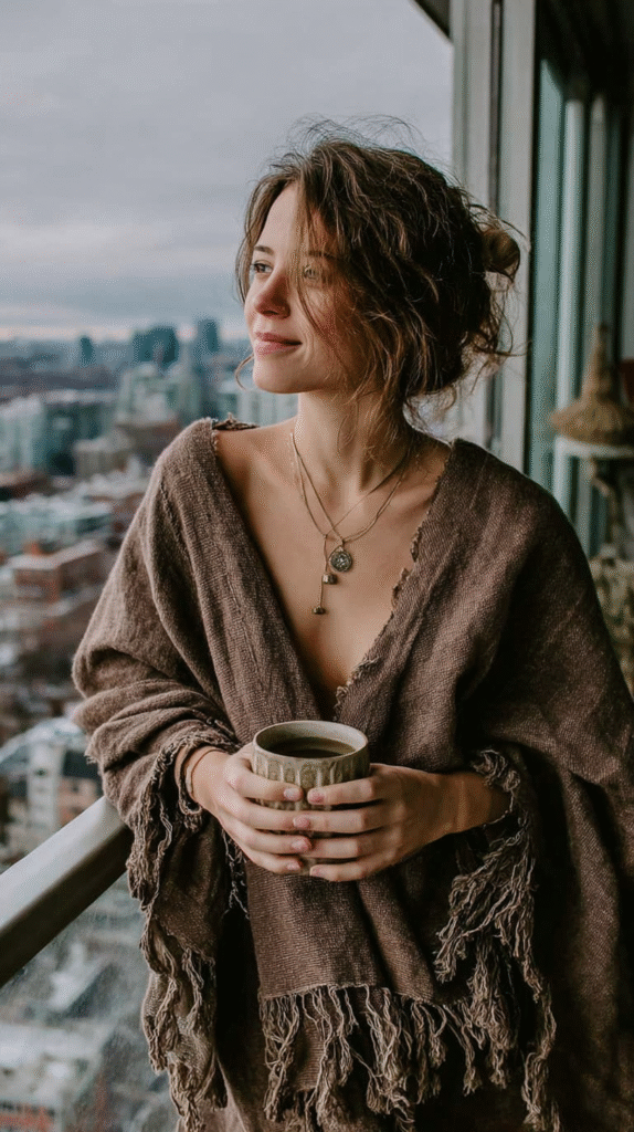Woman in cozy shawl on balcony, enjoying coffee with urban skyline backdrop on a cloudy day.