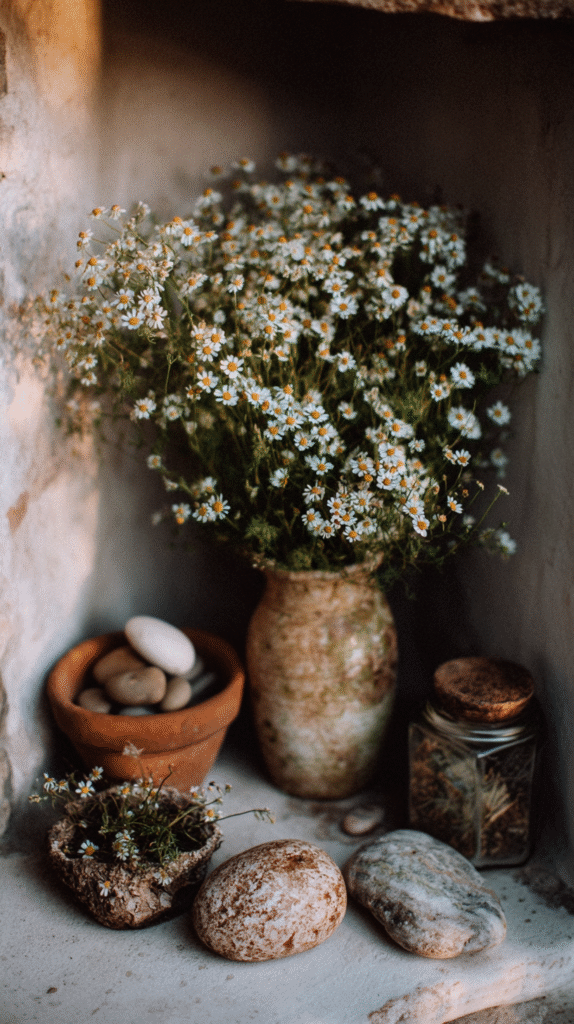 Rustic vase with daisies, surrounded by pebbles and natural elements in soft, warm lighting.