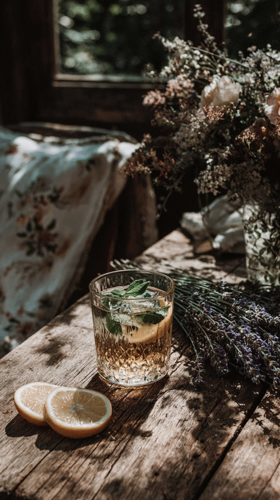 Refreshing lemon drink with mint on rustic table next to lavender bouquet and lemon slices, sunlight streaming.
