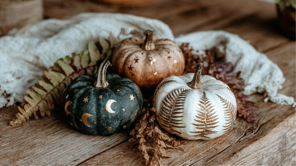 Decorative pumpkins with artistic designs of stars, moons, and fern leaves on a rustic wooden table.