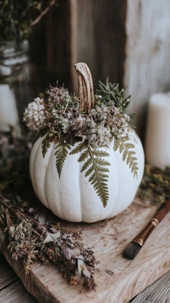 White pumpkin with floral and fern decor on wooden surface, enhancing rustic autumn aesthetic.