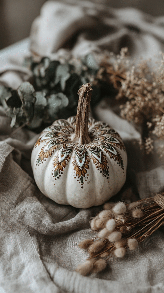 Decorative pumpkin with intricate designs on rustic fabric surrounded by dried flowers, creating an autumnal ambiance.