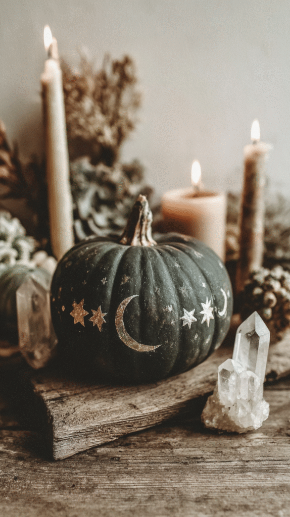 Mystical pumpkin with star and moon designs, surrounded by candles and crystals for a cozy, enchanted ambiance.