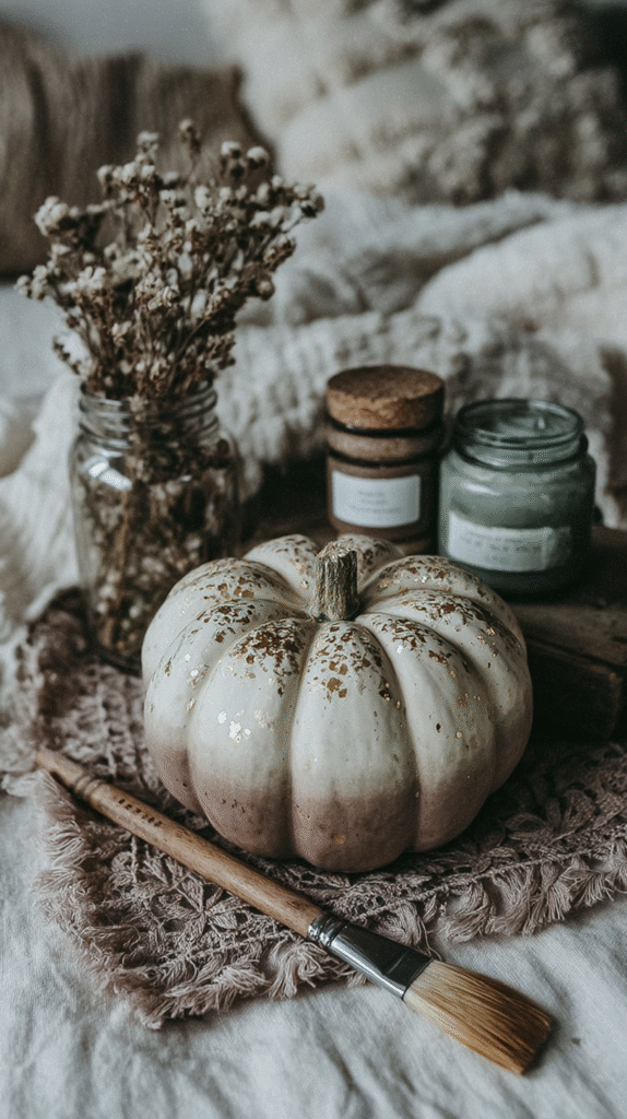 Rustic autumn decor with painted pumpkin, jar candles, and dried flowers on a textured fabric backdrop.