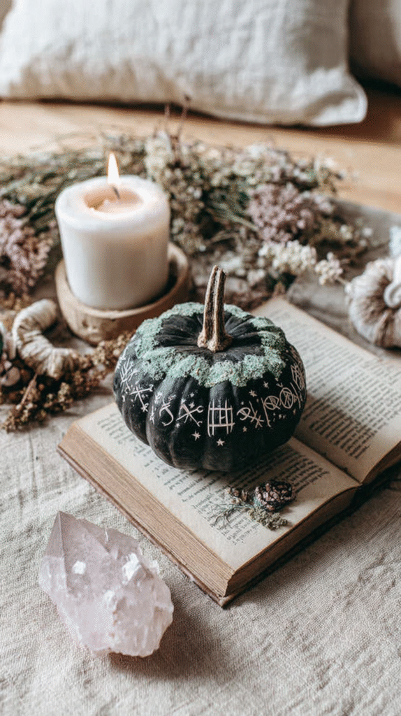 Black pumpkin with mystical symbols on an open book, accompanied by a candle and crystal for a magical autumn vibe.