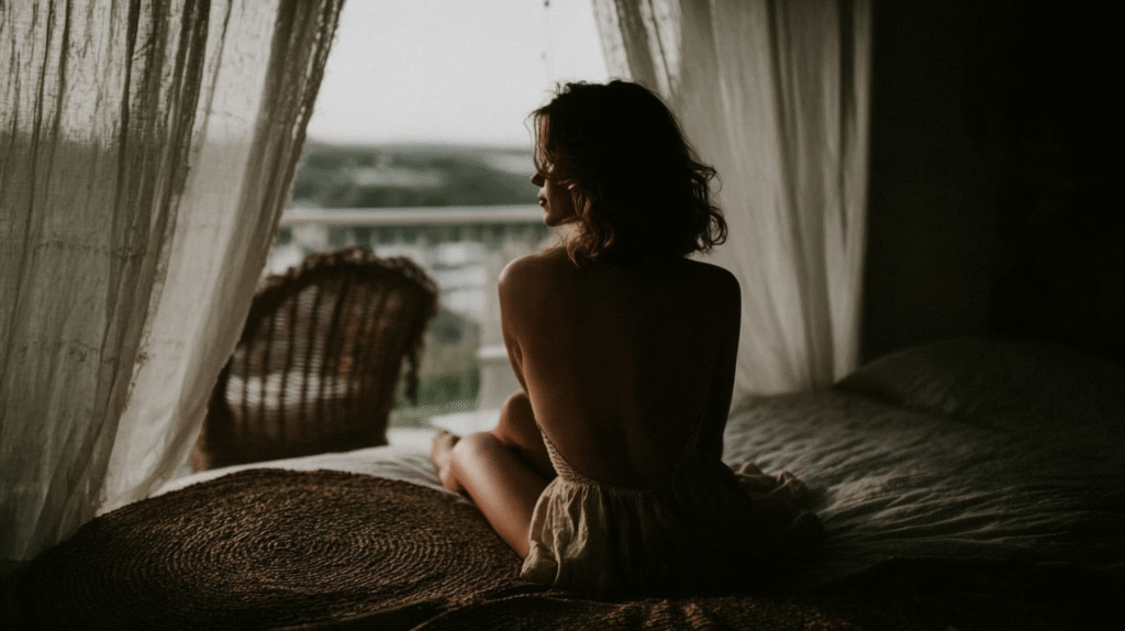 Woman in a backless dress sits on a bed by a window, gazing outside through sheer curtains.