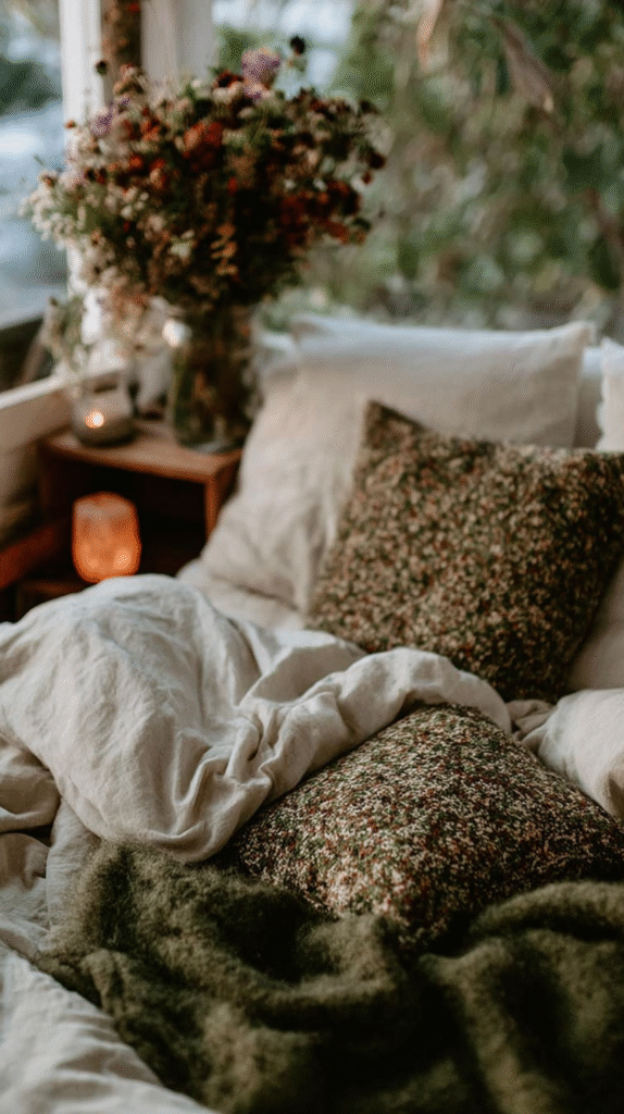 Cozy bedroom with patterned pillows, soft blankets, a candle, and flowers on a bedside table.