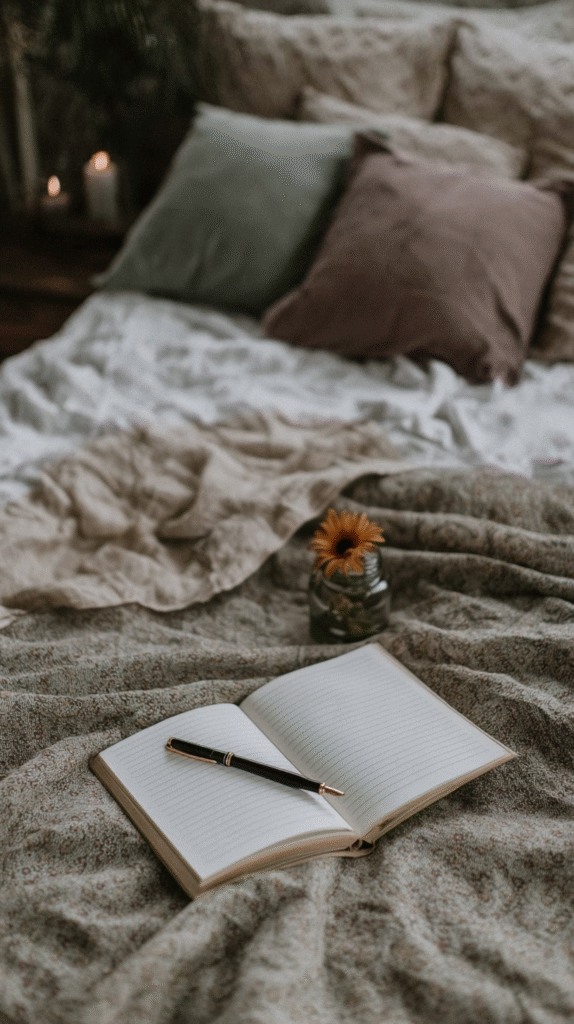 Cozy bed with open journal, pen, and small flower vase, ideal for writing inspiration and relaxation.