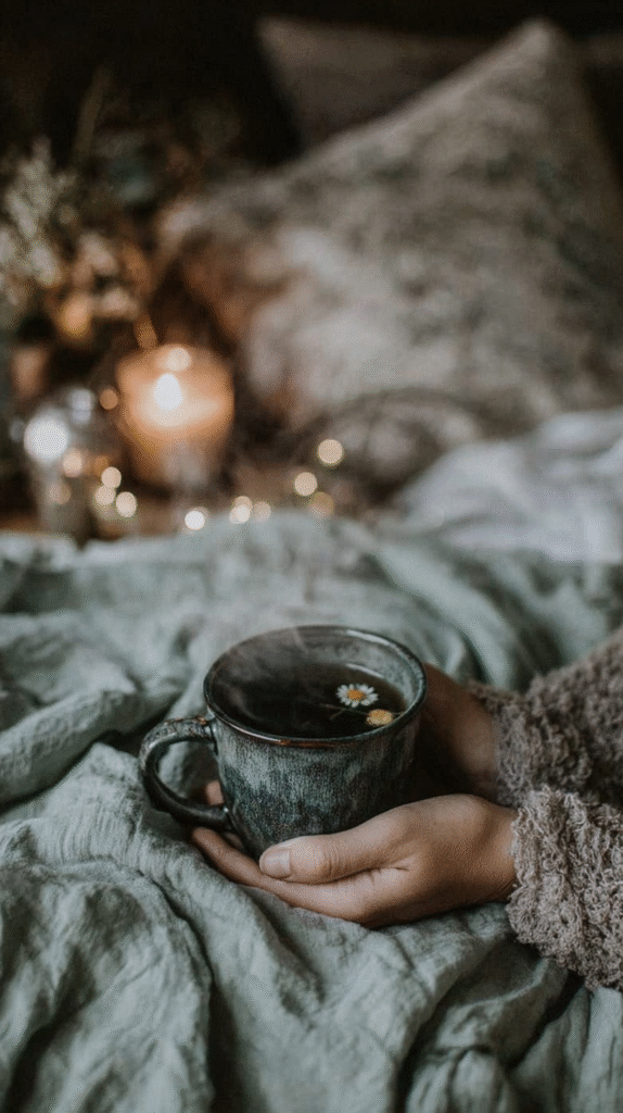 Cozy scene with hands holding a steaming mug of tea, featuring a chamomile flower, with candles in the background.
