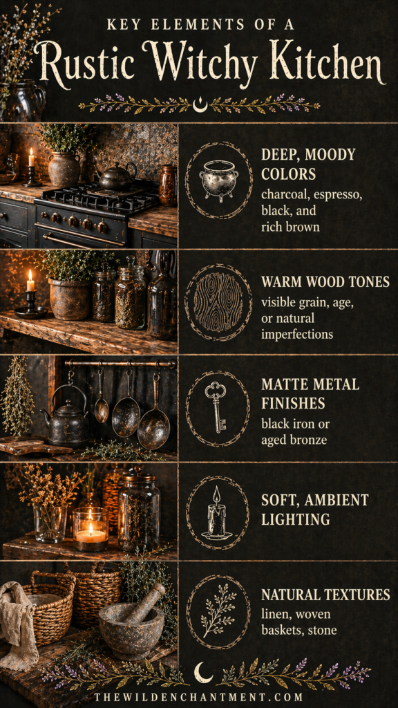 Infographic: key elements of a rustic witchy kitchen—moody colors, warm wood, matte metal, ambient candles, natural textures.
