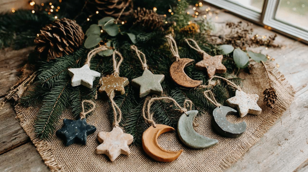 Rustic Christmas ornaments, stars and moons, on burlap with pine branches and lights for festive decor.