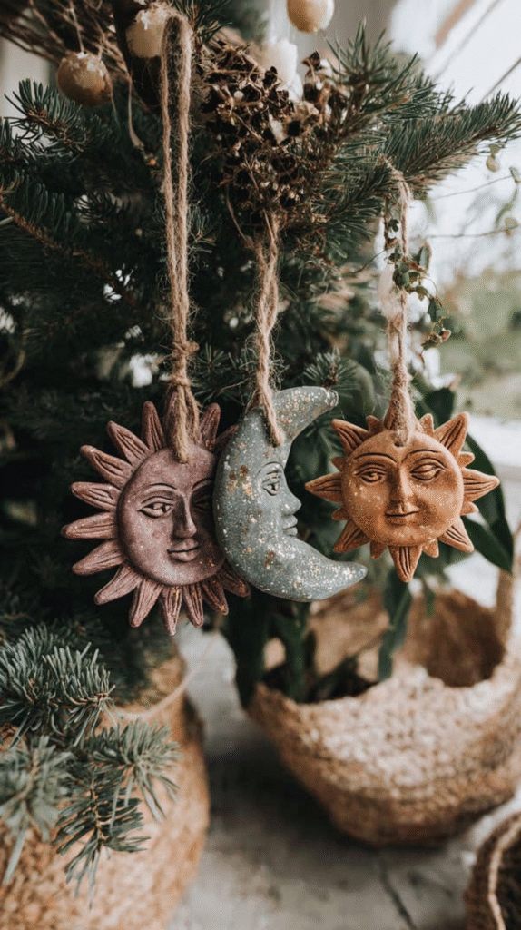 salt-dough-winter-solstice-ornaments-hanging Rustic sun and moon ornaments hanging on a Christmas tree with natural decor elements.