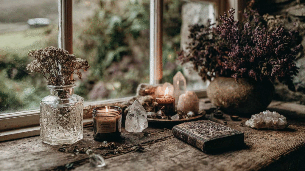 Cozy window sill with candles, crystals, dried flowers, and a book, creating a serene, rustic atmosphere.