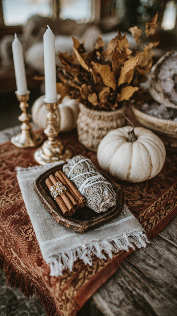 Autumn-themed decor with candles, white pumpkins, sage, and cinnamon on a rustic table.
