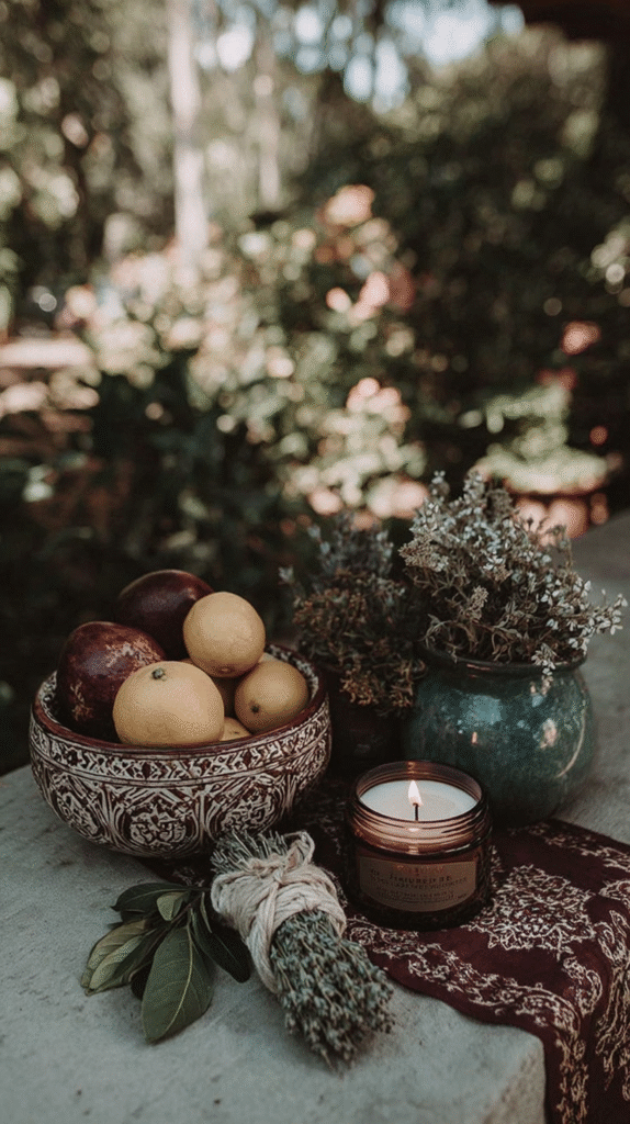 Rustic scene with lemons, apples, a lit candle, herbs, and flowers on a patterned cloth, set outdoors.