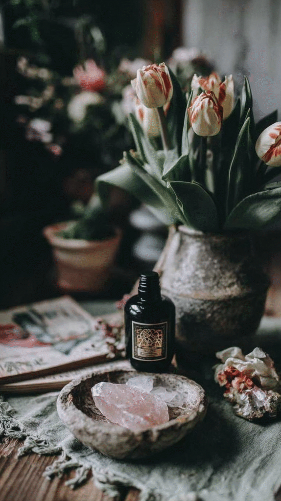 Rustic decor with tulips, essential oil bottle, and crystals on a wooden table for a cozy ambiance.