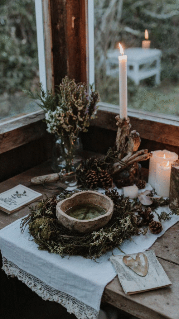 Rustic table with candles, flowers, and pinecones by the window. Cozy ambiance with natural decor elements.