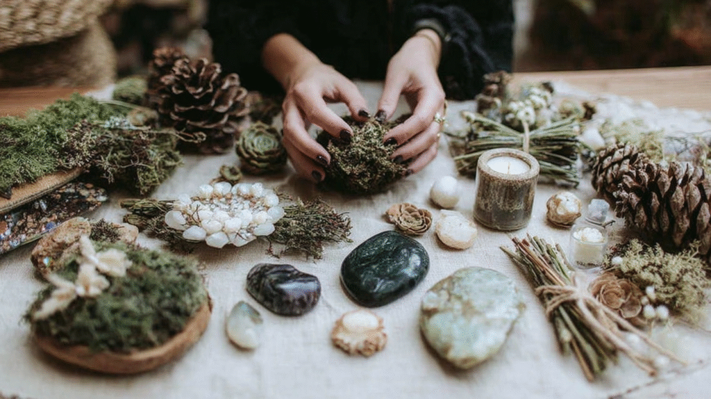 Hands crafting with moss, pine cones, and stones on a rustic table.