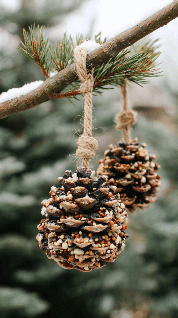 Pinecone bird feeders hanging from a snowy branch, covered in seeds for winter wildlife nourishment.