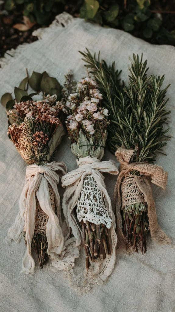 Rustic dried herb bundles tied with lace and burlap on linen, ideal for natural home decor and eco-friendly gifting.