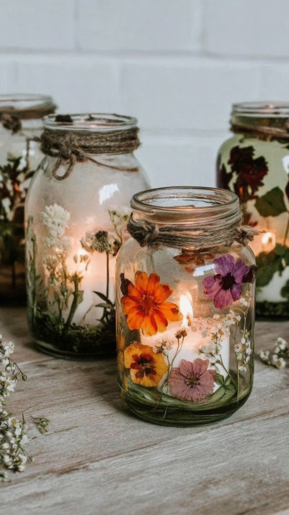 Decorative mason jar candles with pressed flowers, creating a cozy, rustic ambiance.