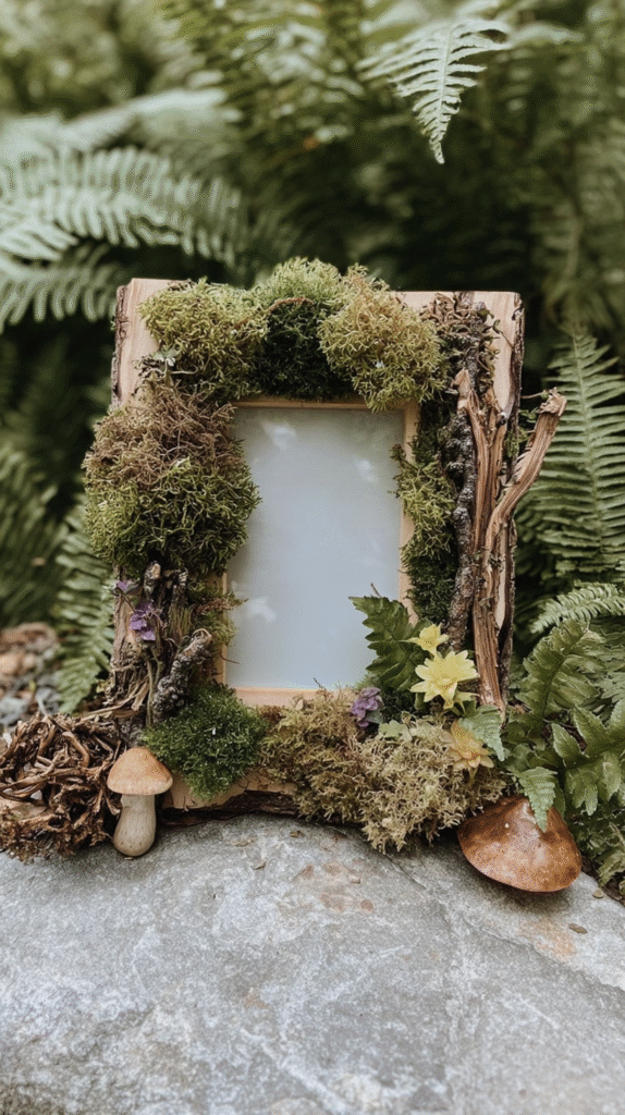 Rustic frame adorned with moss, flowers, and mushrooms set against lush ferns in a natural woodland setting.
