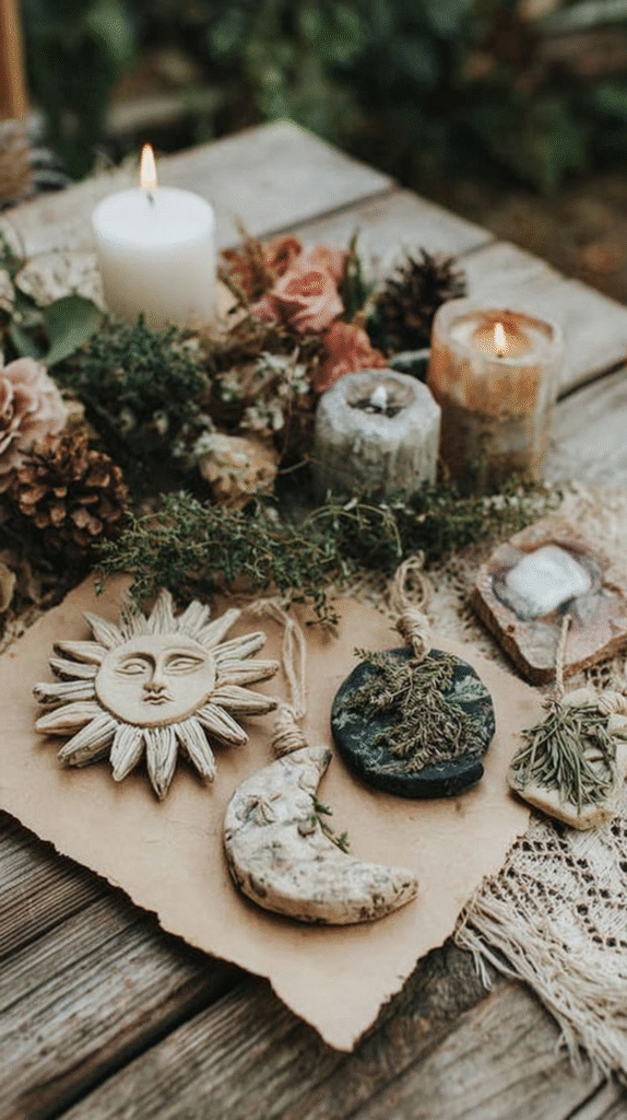 Bohemian decor on a wooden table with candles, sun and moon ornaments, and dried herbs.