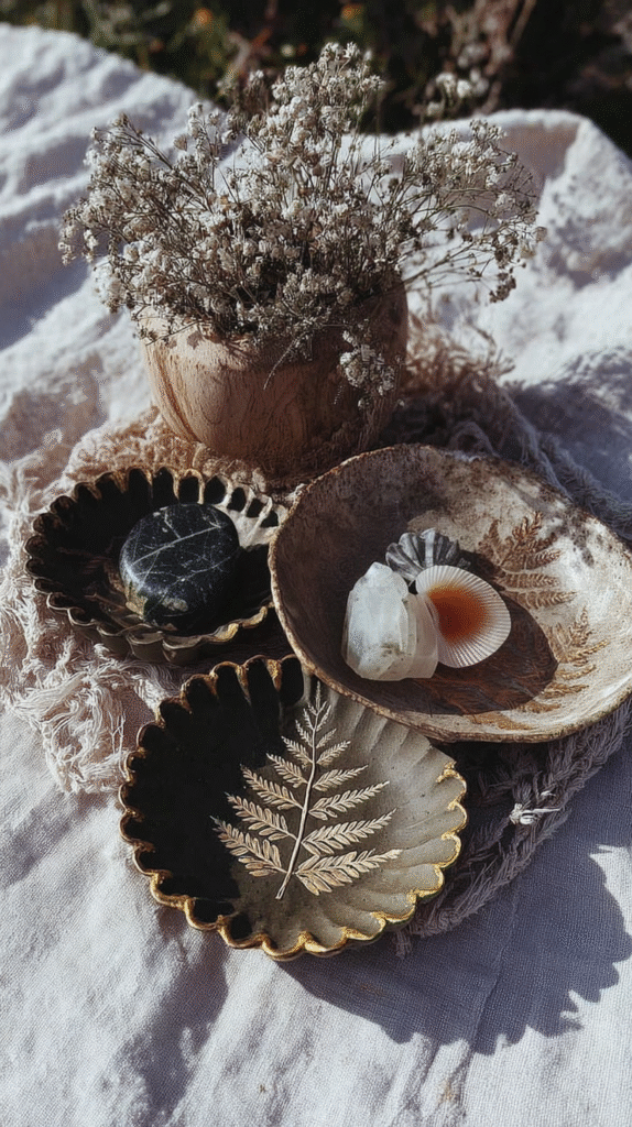 Ceramic bowls with dried flowers and stones on textured fabric in soft, natural light.