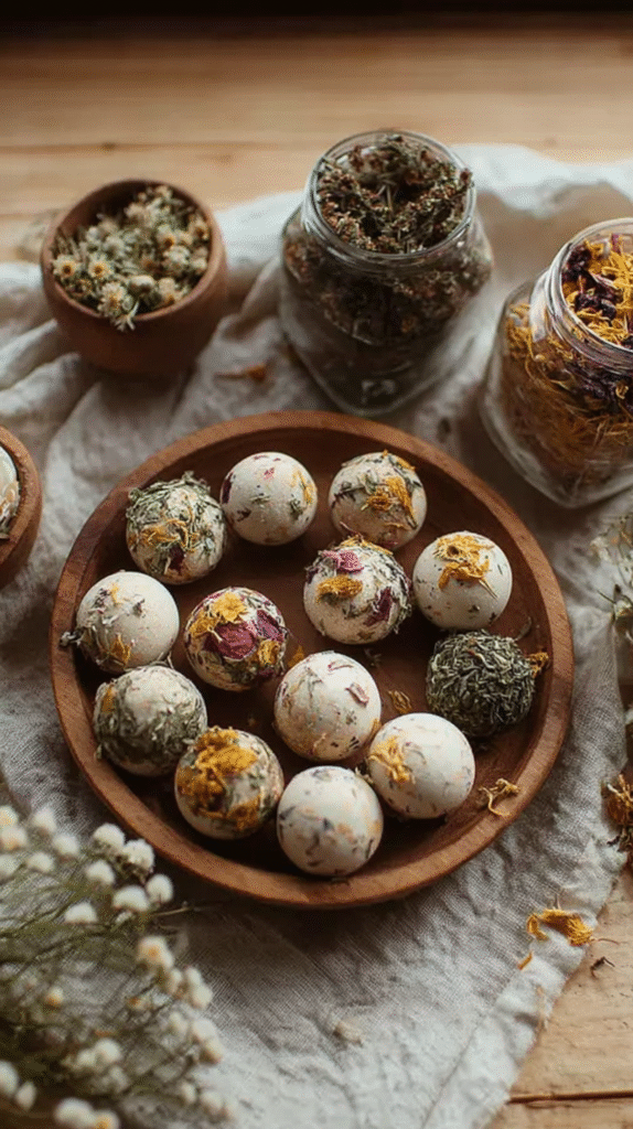 Handcrafted herbal bath bombs with dried flowers on a wooden plate, surrounded by jars of herbs.