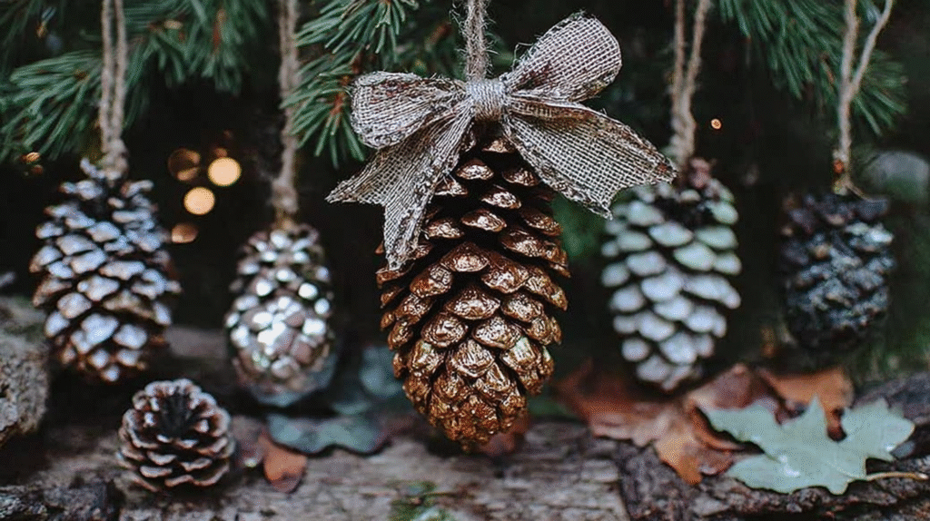 Festive pinecones hanging with ribbons on a Christmas tree, creating a rustic holiday decoration atmosphere.