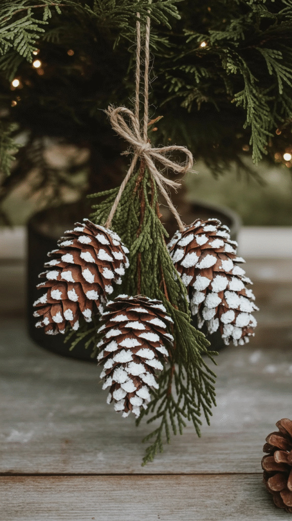 Snow-dusted pine cones hanging on a Christmas tree, rustic holiday decoration.