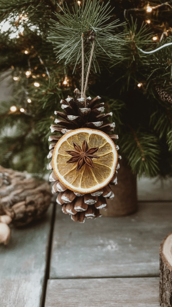 Pinecone ornament with dried orange slice and star anise on Christmas tree, decorated with lights.