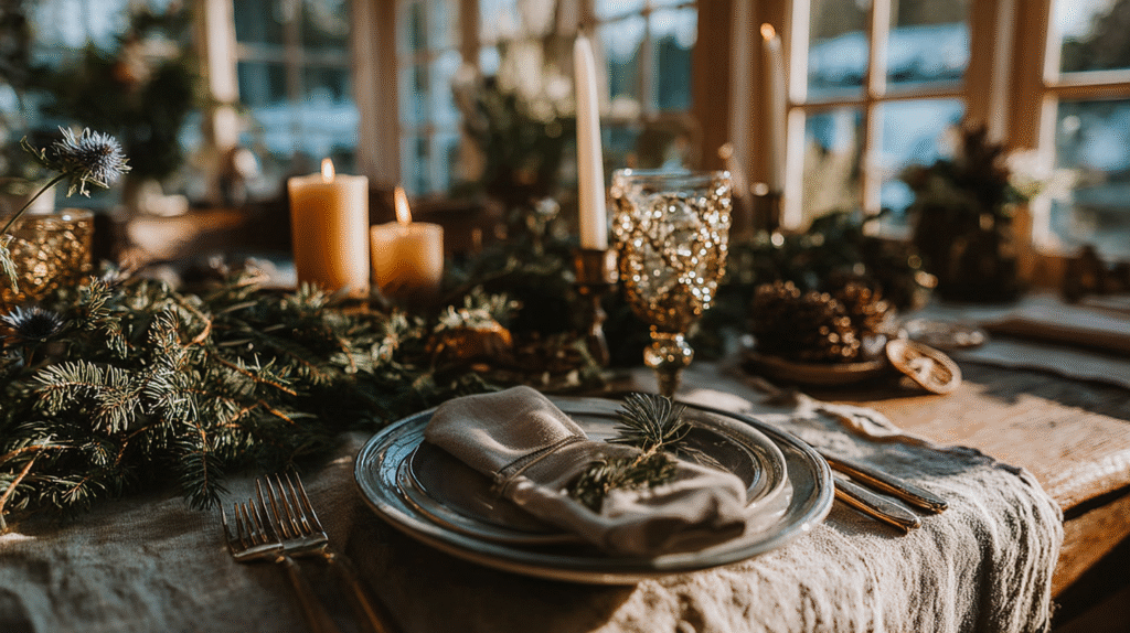 Elegant holiday table setting with candles, greenery, and silverware in a cozy, sunlit dining room.
