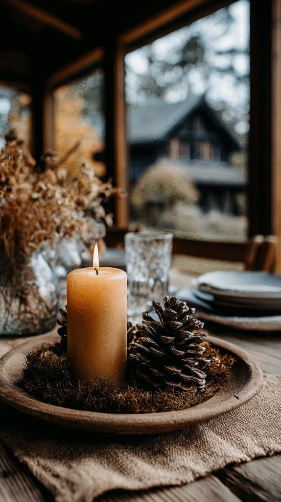 Cozy autumn table setting with candle and pinecones, rustic style, warm ambiance, blurred background, wooden house.