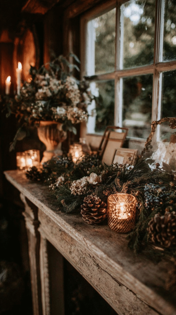 Rustic mantel decorated with candles, pinecones, and greenery, creating a warm, cozy holiday atmosphere by the window.