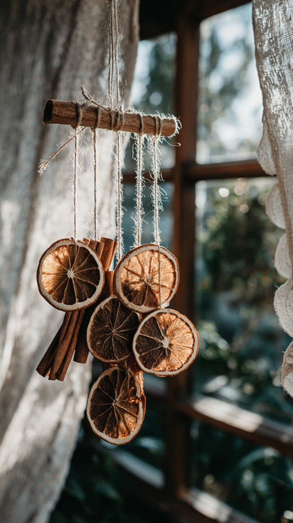 Hanging dried orange slices and cinnamon sticks in rustic window setting.