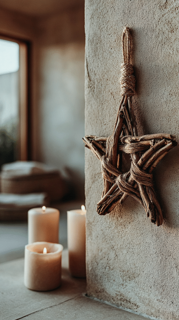 Decorative woven star hanging on textured wall with lit candles, creating a cozy, rustic atmosphere.