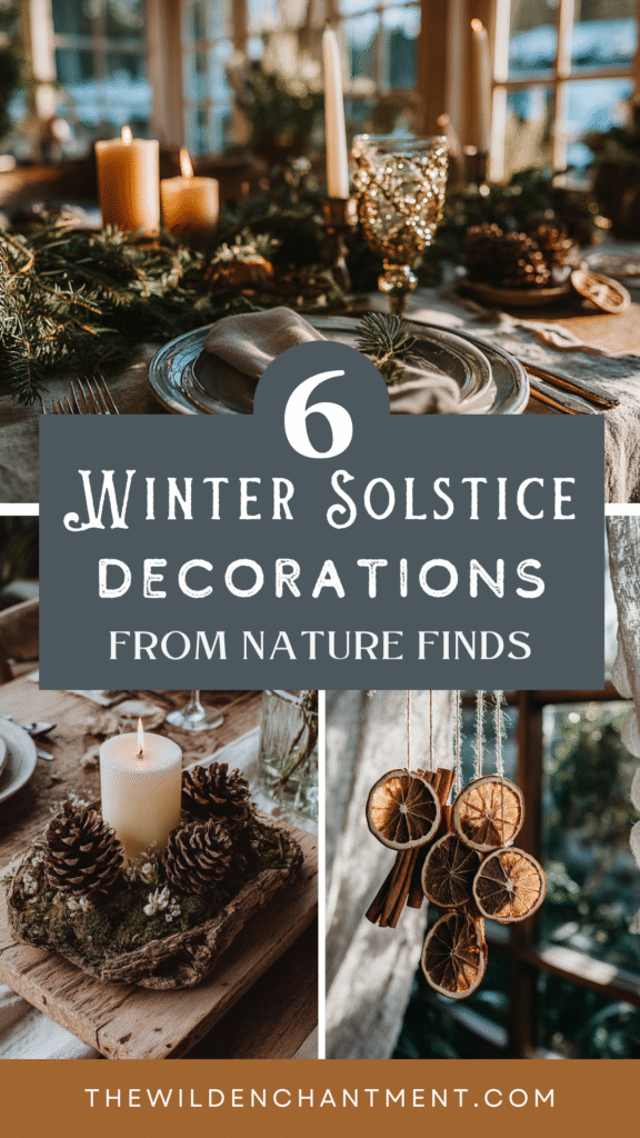 Winter Solstice home decor using natural elements like candles, pinecones, and dried oranges for a cozy atmosphere.