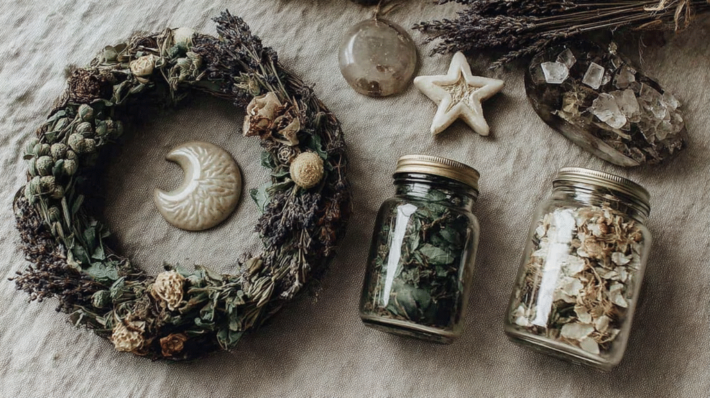 Herbal wreath, crystal, moon, and star decor with jars of dried herbs on a textured fabric background.