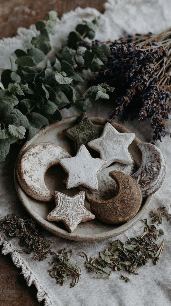 Rustic star and moon cookies on a plate with fresh herbs and lavender for decoration.