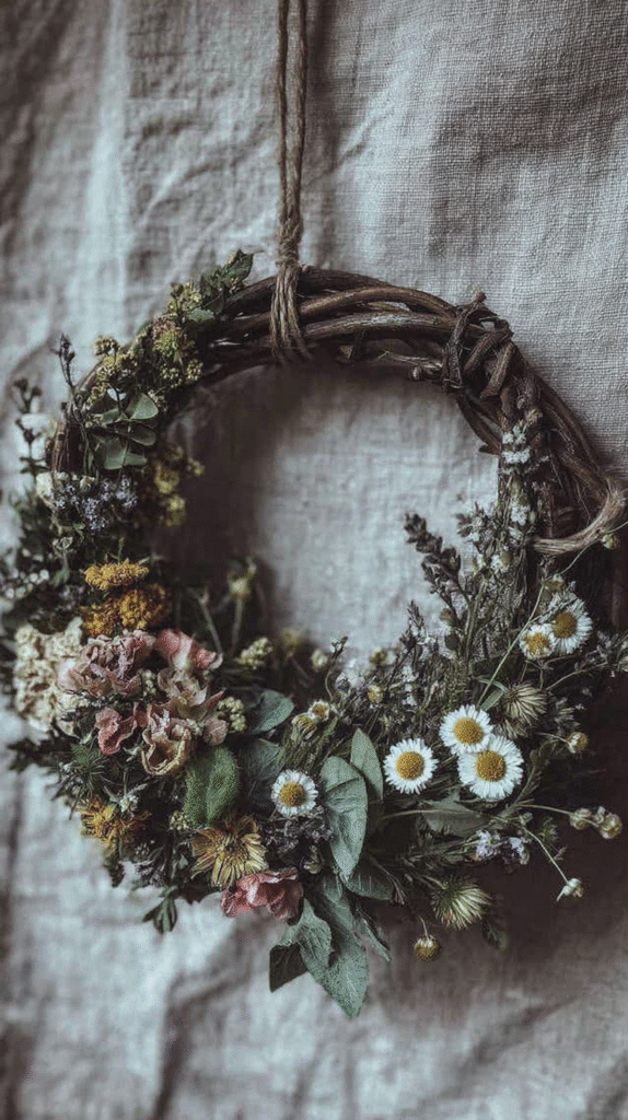 Rustic floral wreath on a textured fabric background, featuring daisies and greenery. Perfect for home decor inspiration.