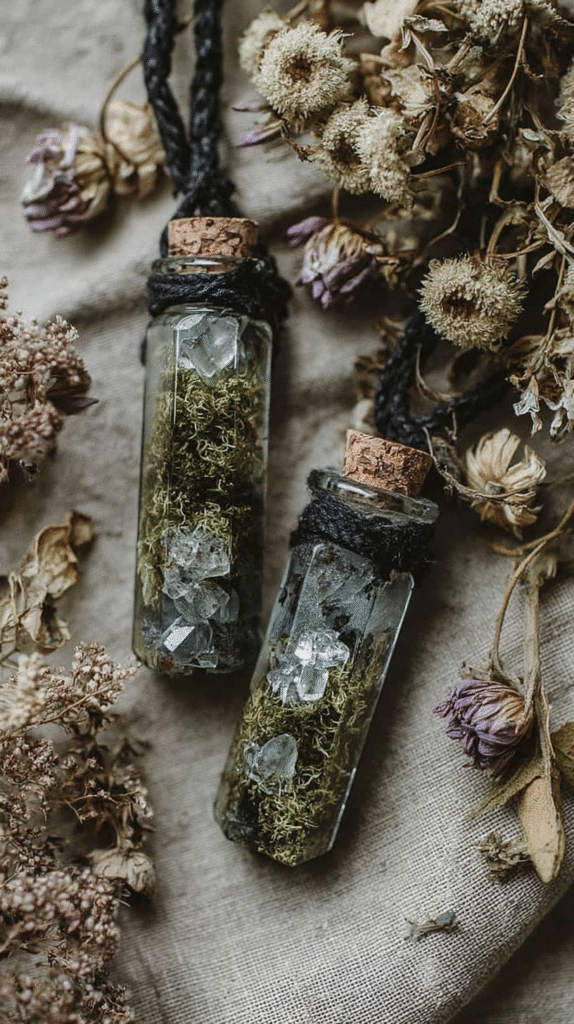 Two glass bottles filled with moss and crystals, surrounded by dried flowers on linen fabric.