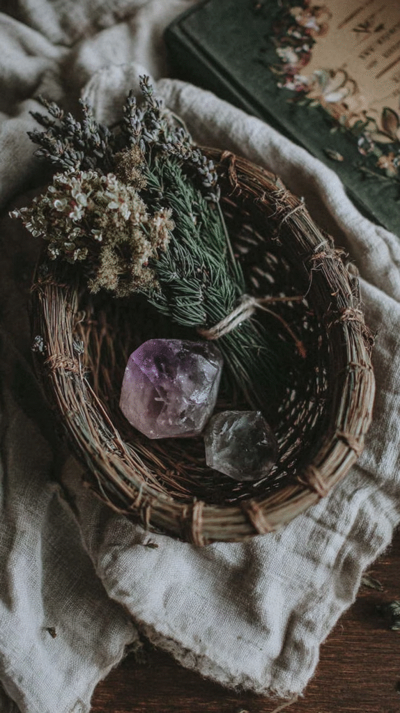 Woven basket with lavender, pine, and amethyst crystals on rustic fabric background.