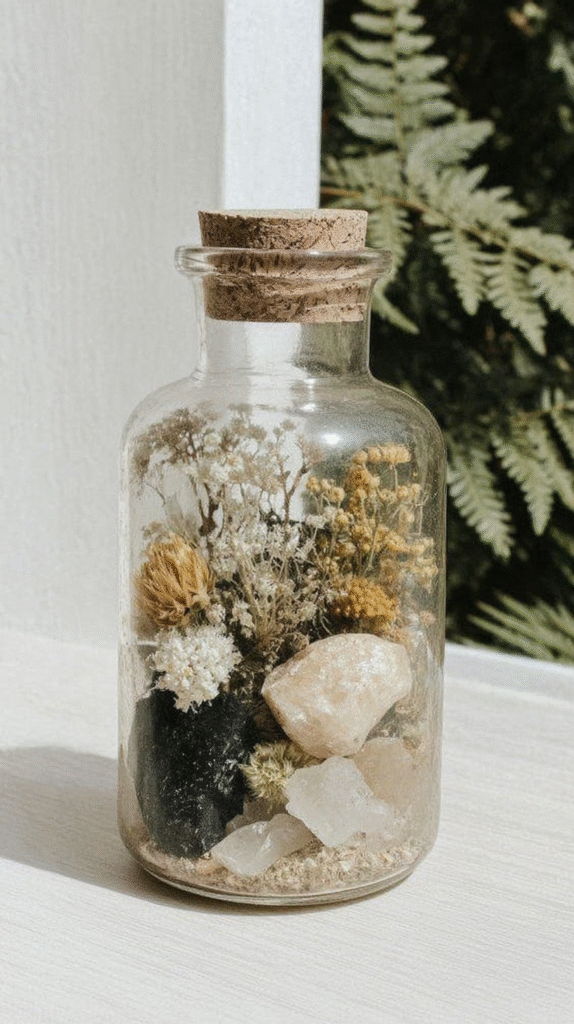 Glass jar with dried flowers and crystals on a white surface, sunlight casting shadows, green leaves in the background.